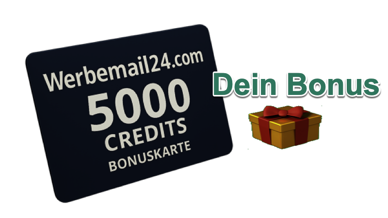 "Sichere dir jetzt 5000 Credits für Werbemail24.com – Wert 19€! Nutze sie für effektive E-Mail- und Bannerwerbung ohne Abo!"